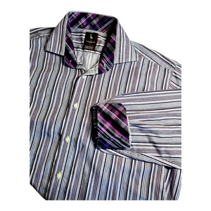 TailorByrd Mens Long Sleeve XL Purple White Striped Spread Collar Flip Cuff‎